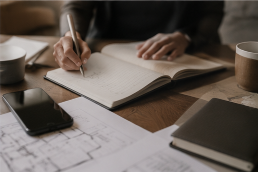 Hands making considered notes in a planning book