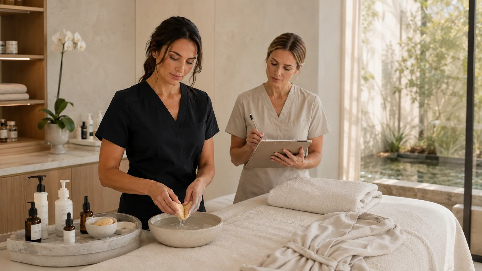 Two licensed spa professionals preparing and documenting a treatment environment