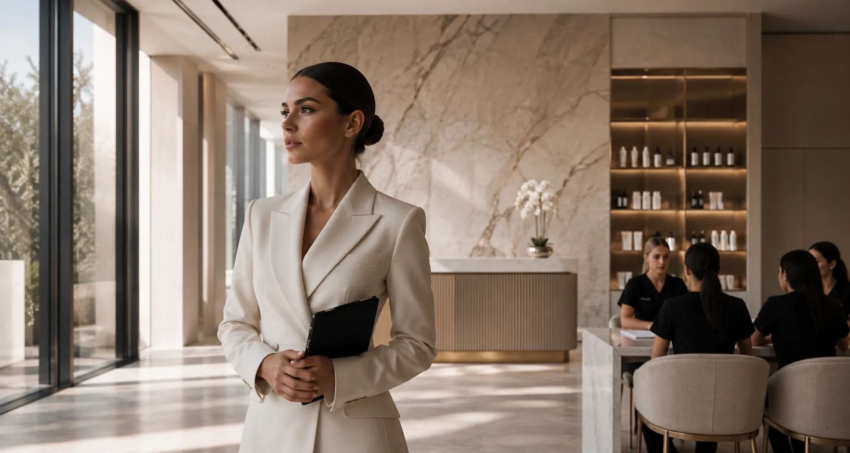 Licensed beauty and aesthetic professional in a bright marble-lined professional learning environment