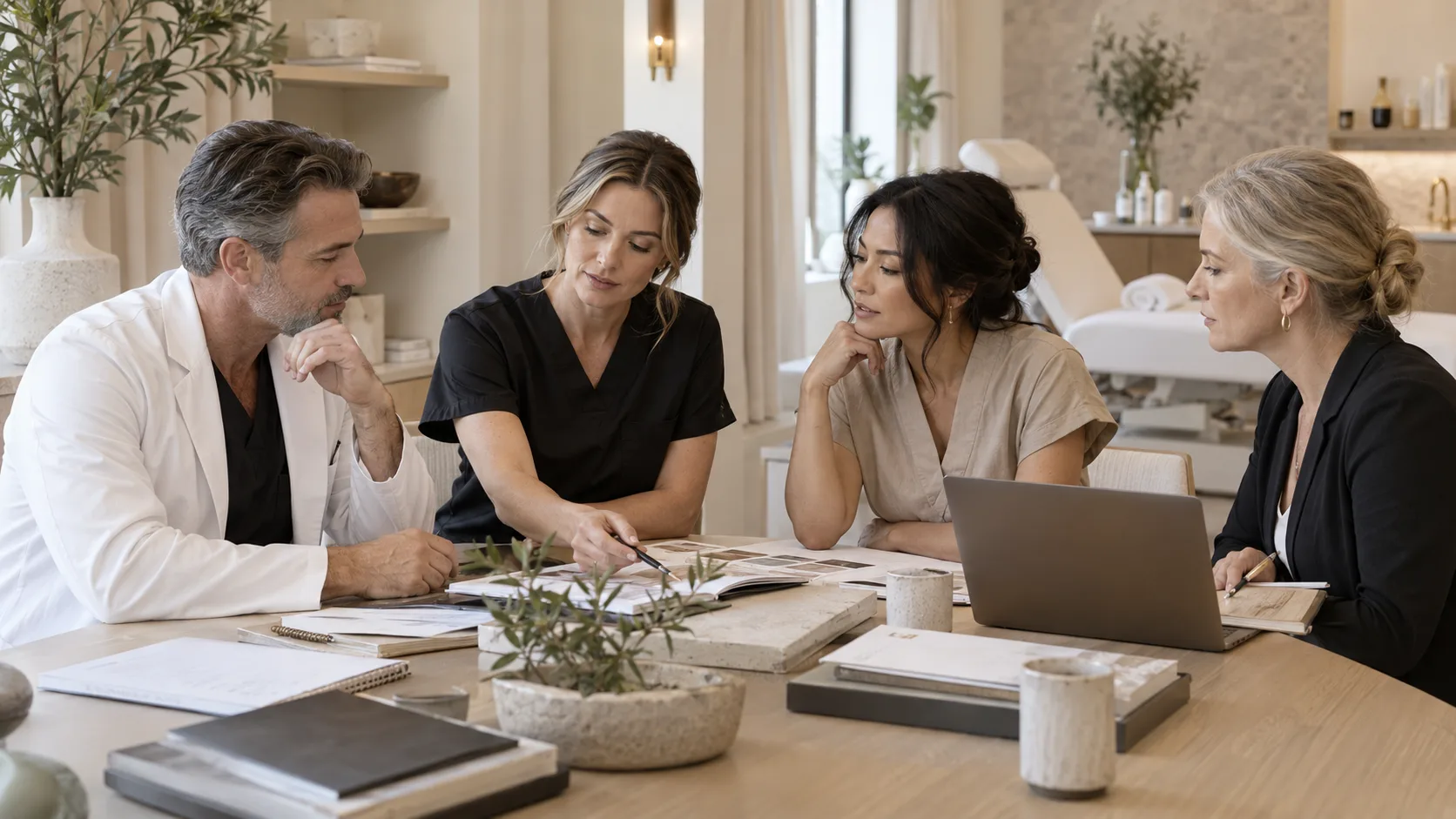 A multidisciplinary aesthetic practice team in a thoughtful working session