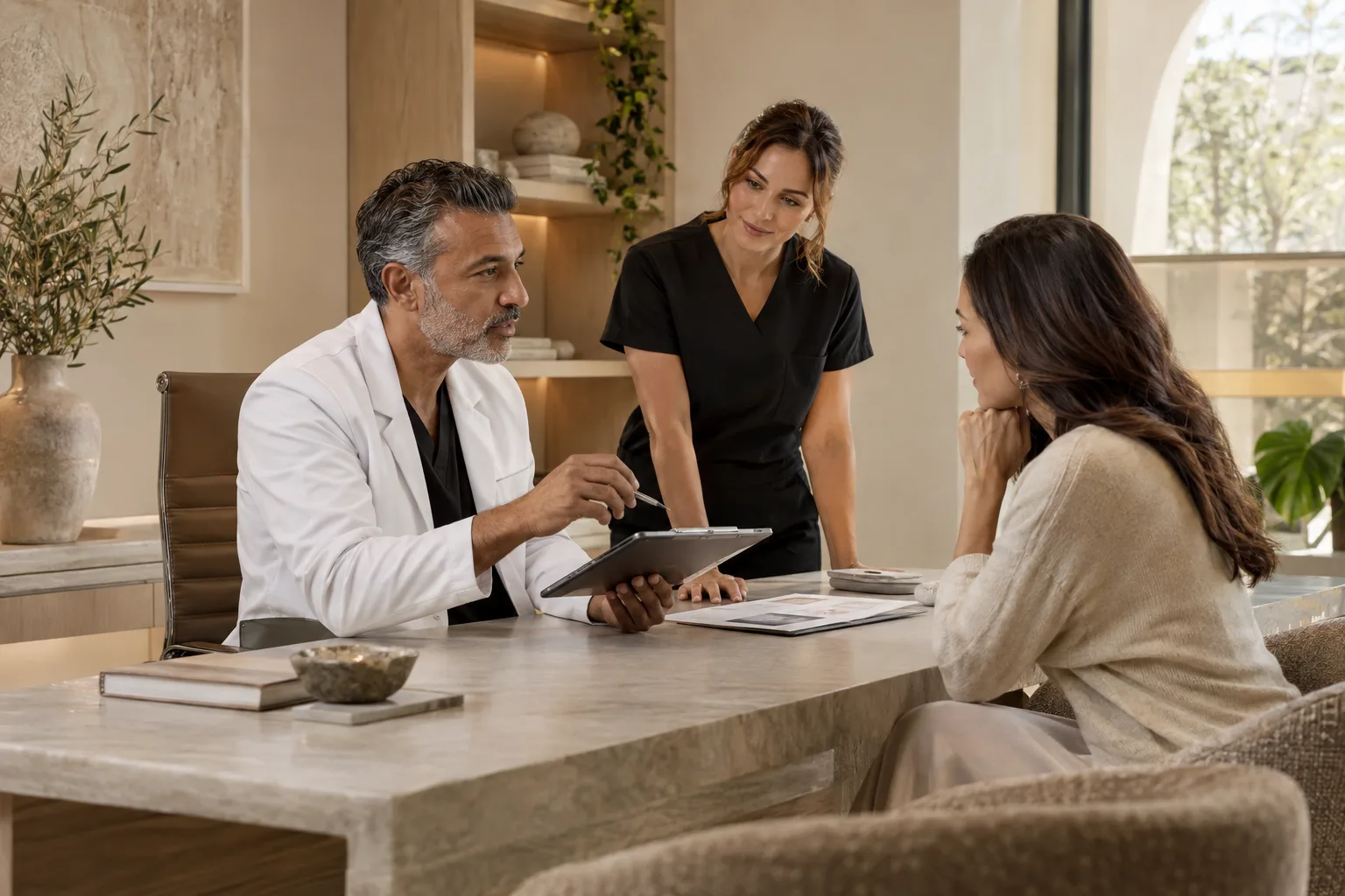 Physician and aesthetic professional conducting a thoughtful patient consultation